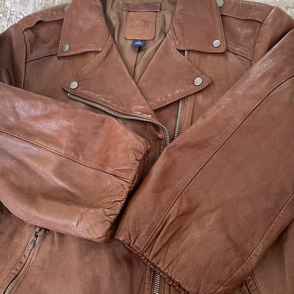 Gap Brown Leather Cropped Sleeve Moto Jacket - Picture 6 of 10